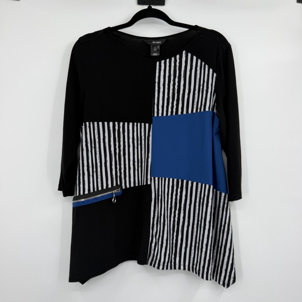 Ali Miles Tunic Blouse Womens Large Petite Black Colorblock Pockets Stretch